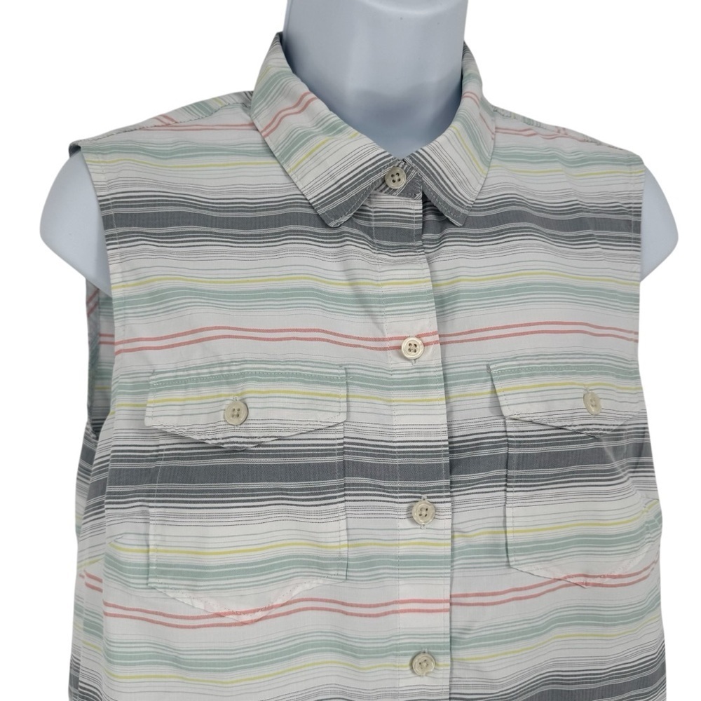 Eddie Bauer White Striped Button Down Chest Pockets Sleeveless Tech Shirt Small - Picture 2 of 10